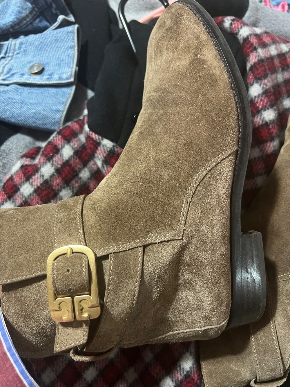 Tory Burch Brown Suede Ankle Booties with Gold Buckle